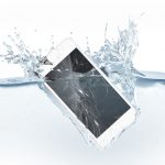 White broken smartphone mock up sinks in water, 3d rendering. Mobile smart phone with touch screen mockup fall under liquid surface. Electronic waterproof cellphone falling and dive with splashes.